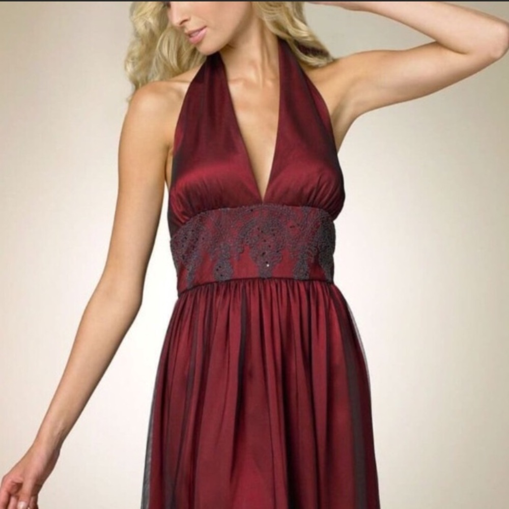 Adrianna Papell wine color beaded halter dress 6P
